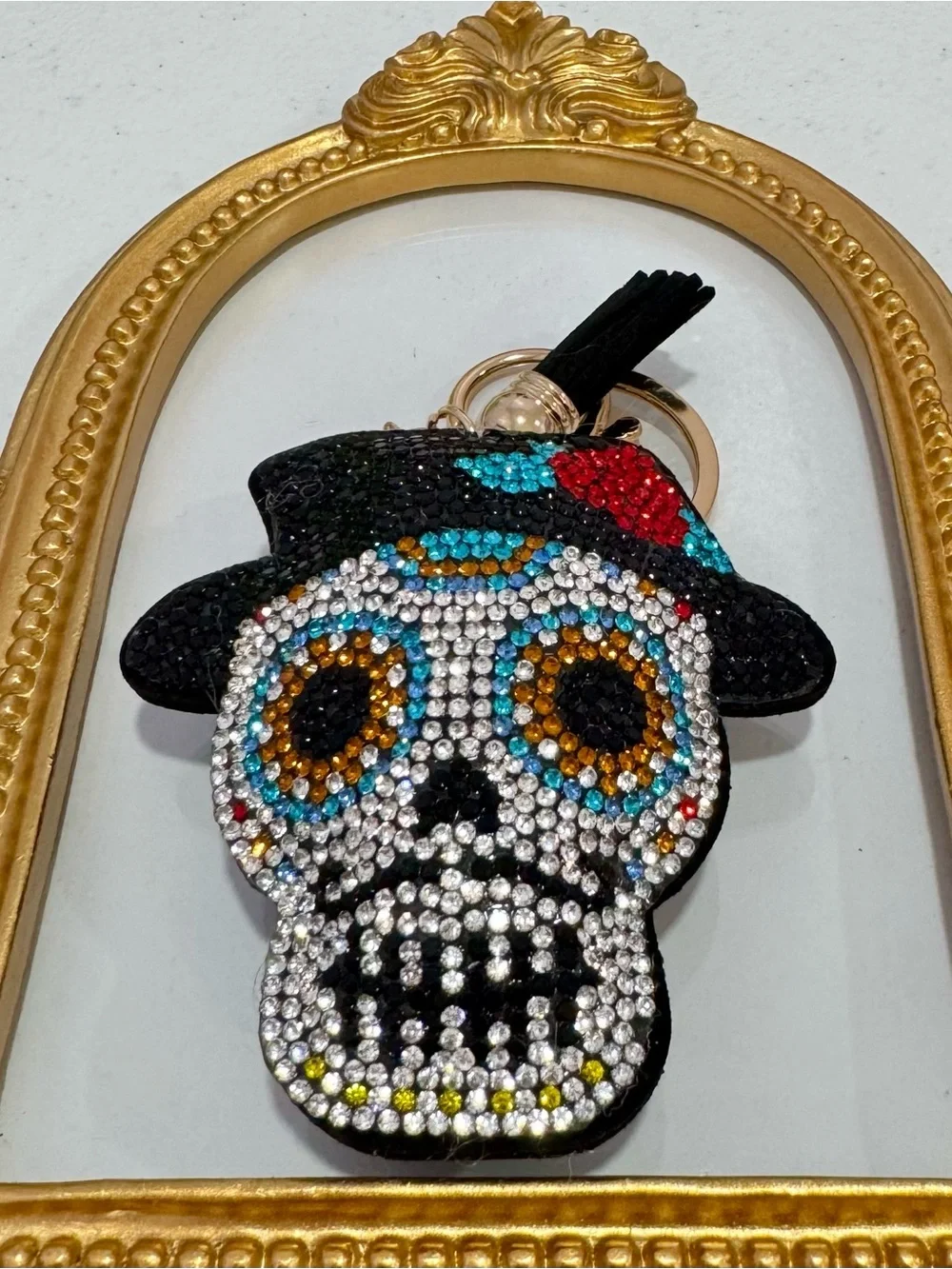 New Crystal Embellished Sugar Skull w/ Mustache & Hat  Keychain